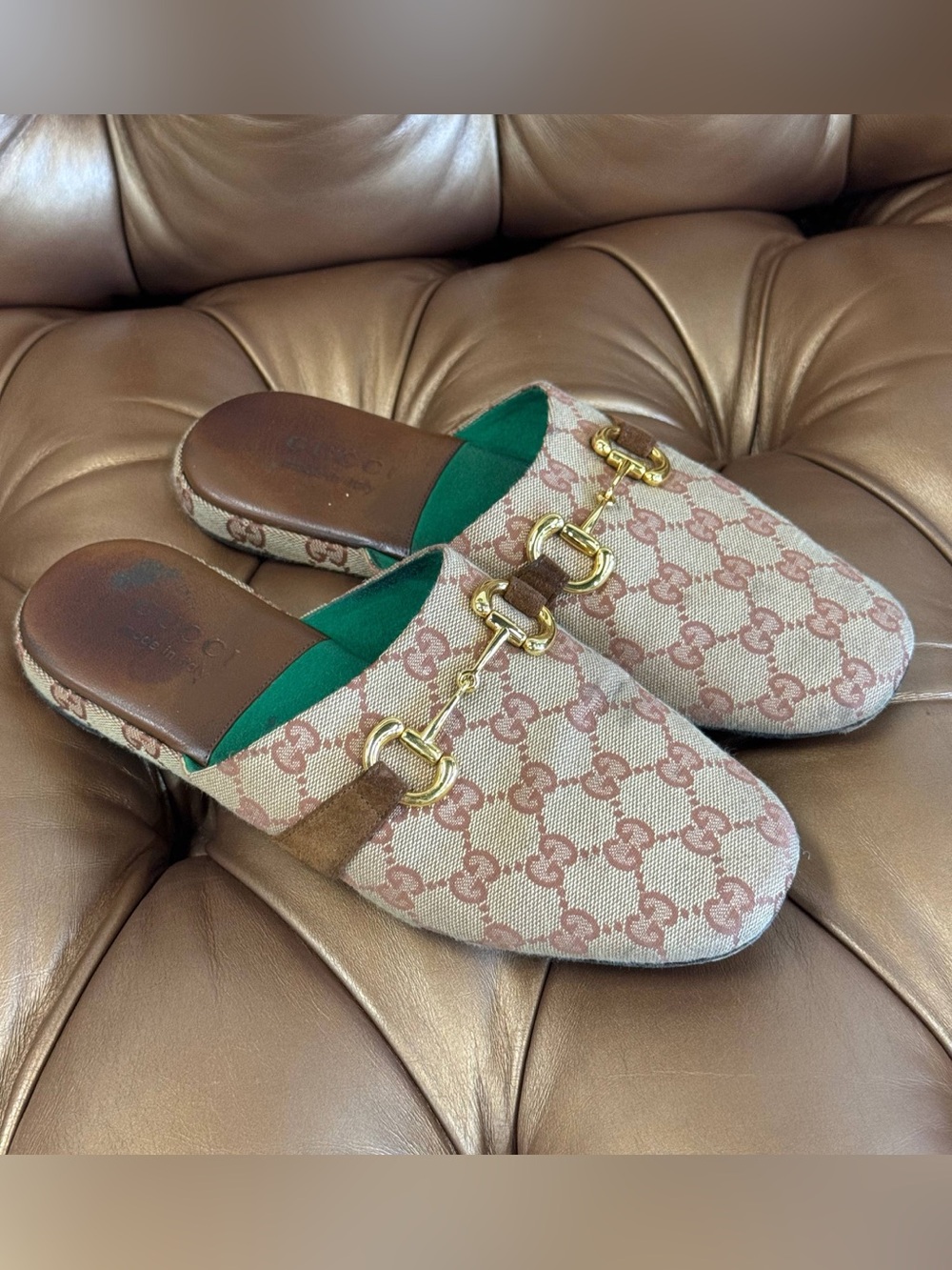 Gucci Beige GG Canvas and Suede Light Pink Green Insoles Princetown Mules Size 6